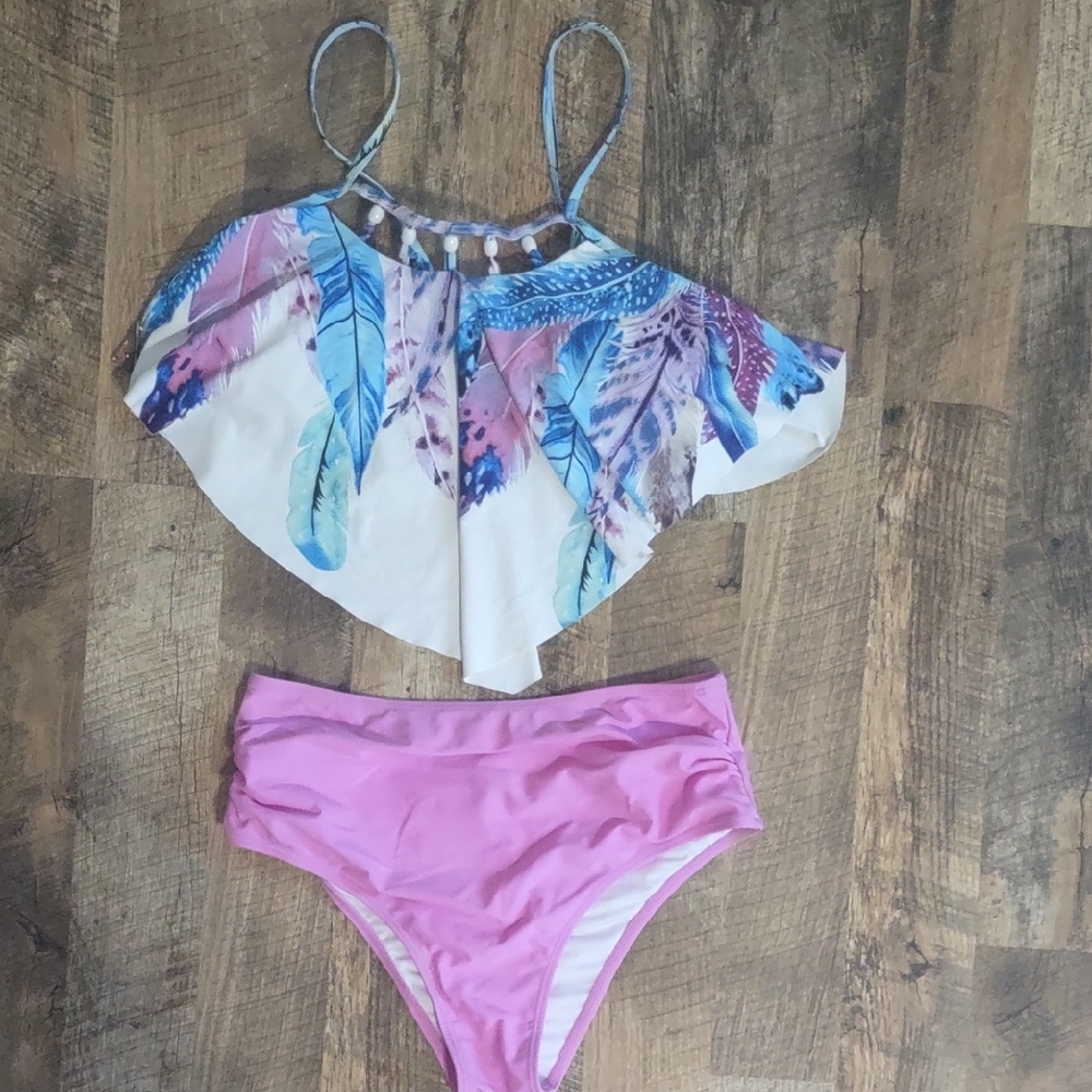 Colorful Feather Print Bikini Set